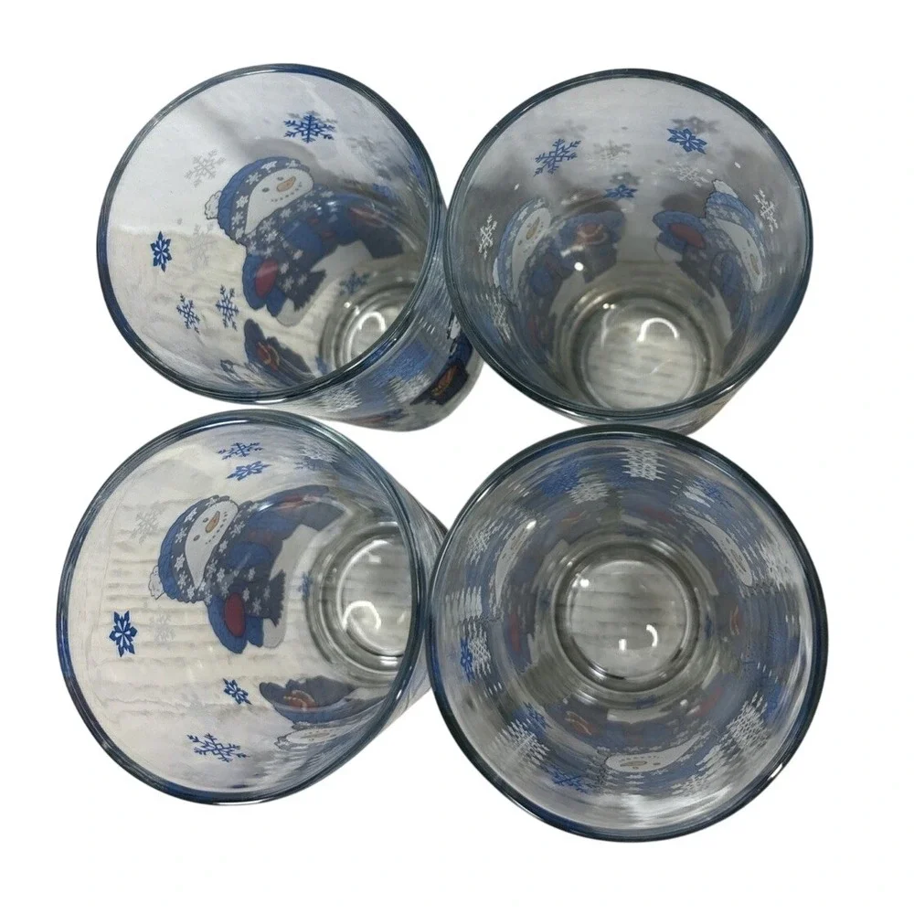 KIG Indonesia Snowman Christmas Glasses Set of‎ 4 Blue White Winter Highball 6in